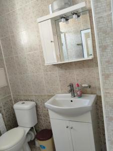 a bathroom with a toilet and a sink and a mirror at 2 Room Apartment Costa Calma Aheloy Bulgarien in Aheloy