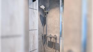 a shower with a shower head on a wall at Roatel Wörnitz A7 my-roatel-com in Wörnitz +4 photos