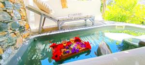 a pool with a bench and flowers in it at Aliori art caves in Aegiali