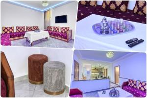 a collage of four pictures of a room with purple furniture at White Majorelle Casa Grande in Tamraght Ouzdar +6 photos