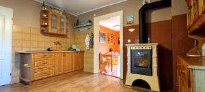 a kitchen with a fireplace in the middle of it at Kaszubskie Siedlisko Szkodnikówka in Skwierawy