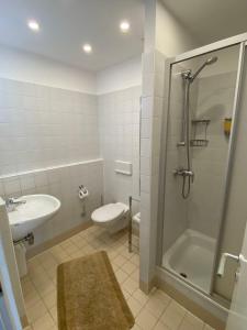 ein Badezimmer mit Dusche, Toilette und Waschbecken in der Unterkunft Hotel Magnet in Stryi + 13 Fotos