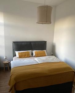 a bedroom with a large bed with two yellow pillows at Verwalterhaus mit Blick auf die Pferdeweide -Gut Wittmoldt- in Wittmoldt +10 photos