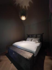 un letto in una camera buia con luce di Ranč Mackadam Ranch Mackadam a Tržič