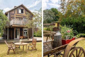 two pictures of a house with a table and chairs at Station Villa Vimmerby in Vimmerby