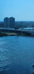 a large body of water with a city in the background at Maadi Urban Apartment in Cairo