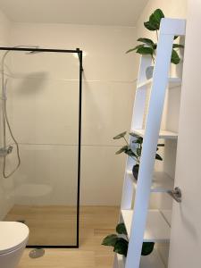 a bathroom with a glass shower stall and a plant at Villa Lele in Playa Blanca +30 photos