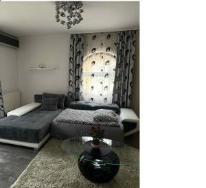 a living room with a bed and a glass table at Mimi Apartman in Debrecen