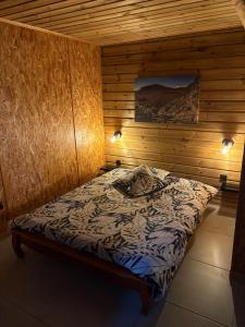 a bedroom with a bed in a wooden wall at Éco-Domaine du volcan, Le Prunier, Studio 2 personnes in La Plaine des Cafres