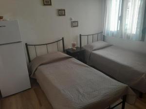 a room with two beds and a refrigerator at Studio Βασιλική Θανάσης in Néa Michanióna