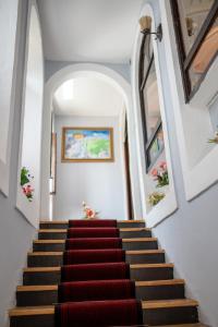 a staircase in a building with red carpeted stairs at The Englishman's Clock Tower Hostel & More in Shkodër