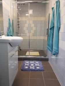 y baño con ducha, lavamanos y ducha. en Appartement De Molshoop II en Landsmeer