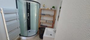 a bathroom with a glass shower with a sink at Le Petit Gîte in Les Essarts +13 photos