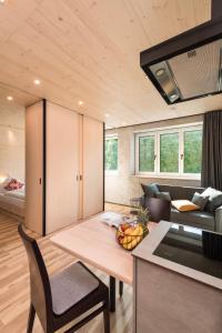 a kitchen and living room with a table and a couch at Hohentwiel Apartments in Singen