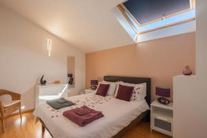 a bedroom with a large bed with a skylight at Gîtes du Vigneron in Saint-Seurin-de-Palenne +49 photos