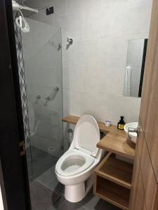 ein Badezimmer mit Toilette und Dusche in der Unterkunft Apartaestudio, Sogamoso, Boyacá in Sogamoso