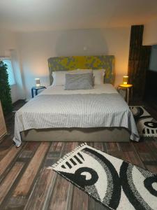 ein Schlafzimmer mit einem Bett und einem Teppich auf dem Boden in der Unterkunft ColoR Living - loft & yard in Kardítsa + 48 Fotos