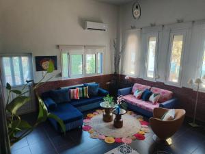 a living room with two blue couches and a table at ColoR Living - loft & yard in Karditsa