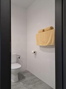 a bathroom with a toilet and a towel on the wall at Apartamenty Wałowa 7 in Rewa +83 photos