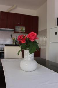 a white vase with red roses in it on a table at Apartman Humac in Otočac