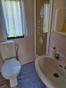 a bathroom with a white toilet and a sink at Rodzinne Domki Łeba in Łeba +19 photos
