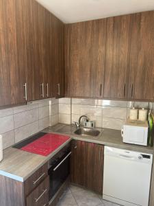 a kitchen with wooden cabinets and a sink at Sunnyhomes Vrachos in Vráchos +11 photos