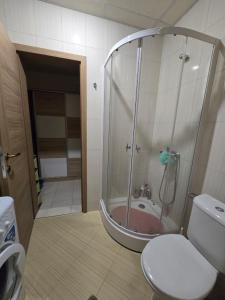 a bathroom with a shower with a toilet and a sink at Orchid Fort Garden in Sunny Beach