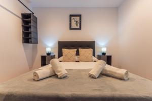 a bedroom with a large bed with pillows on it at Apartamentos Turísticos Jardín del Albarregas in Merida