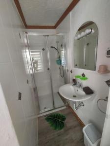 a white bathroom with a shower and a sink at Przylesie Dom Turystyczny in Ostróda +13 photos