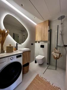 a bathroom with a sink and a washing machine at Top of River Bastionai in Klaipėda
