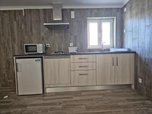 a kitchen with a sink and a refrigerator at Apartamentos dos Mangues in São Martinho do Porto