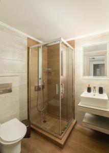 a bathroom with a shower and a toilet and a sink at DK Square in Andros