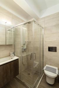 a bathroom with a shower with a toilet and a sink at DK Square in Andros +11 photos