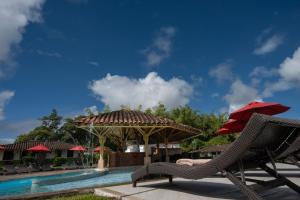 a chair with a red umbrella next to a pool at Hotel Campestre Montecarlo in Montenegro