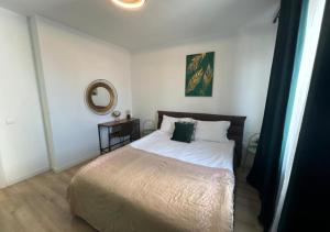 a bedroom with a bed and a mirror on the wall at Alexandru Apartment in Bucharest