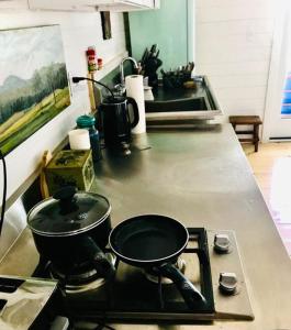 a kitchen stove with a pot on top of it at Lakefront Cottage by Country House Escapes in Lincolnville +18 photos