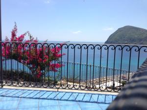 einen schwarzen Zaun mit rosa Blumen am Strand in der Unterkunft Oltremare Residence Hotel in Lipari