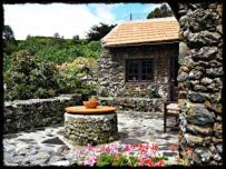 un patio de piedra con un baño de aves y flores en Casa Rural Amasín, en Valverde