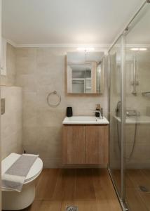 アンドロスにあるDK Square 3のトイレ、洗面台、シャワー付きのバスルーム