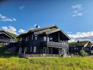 a large black house sitting on top of a field at Romslig leilighet sommer og vinter in Tyinkrysset