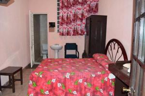 a bedroom with a bed with a red bedspread at Hotel Victoria in Puebla