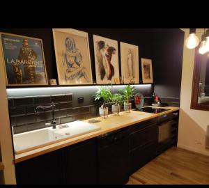 a kitchen with a sink and pictures on the wall at Logement cosy Sous Les Toits in Charmes-sur-Rhône