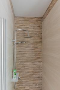 a shower in a bathroom with a wooden wall at Fewo mit Parkplatz im Herzen von Königstein in Königstein an der Elbe +8 photos