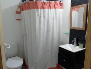 a bathroom with a white shower curtain and a sink at Departamento NAMASTE II in Carhué