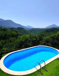 ein Swimmingpool mit Bergen im Hintergrund in der Unterkunft Dalmatian Green Peak in Slime