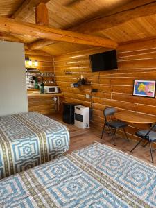 a bedroom with a bed and a desk and a tv at Burnt Paw in Tok