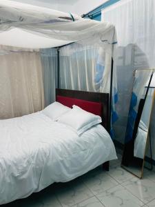 a bed with a canopy in a room at Jordan House in Voi
