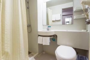 a bathroom with a toilet and a sink and a mirror at Jinjiang Inn - Tianjin Train Station in Tianjin