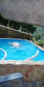 una piscina con acqua blu incastonata in un muro di pietra di Ceira Cottage Refúgio Romântico com Tanque Privado a Góis