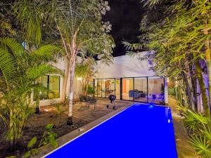 una vista esterna di una casa con un vialetto blu di New Bamboo Casa Azul Pool Paddle Tennis and Soccer a Mérida